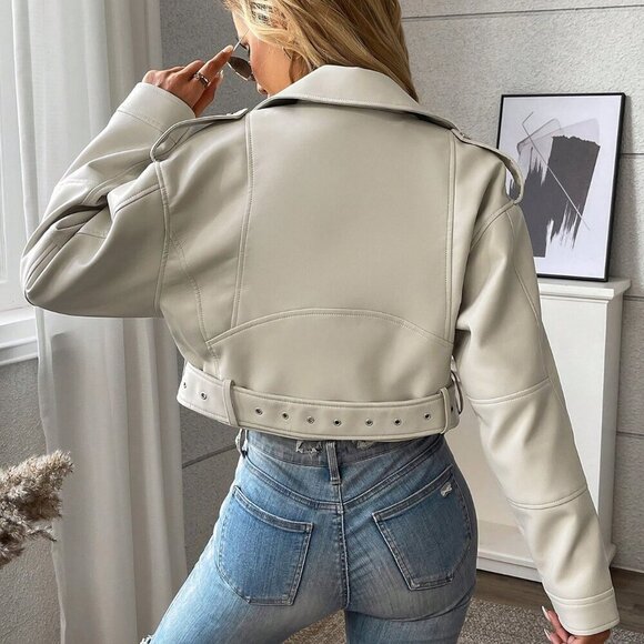 Beige Casual Women's Zip-Up Short Jacket - Picture 6 of 6